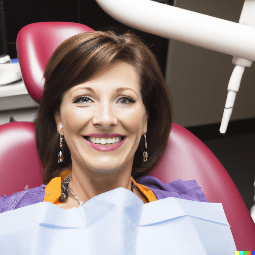A woman on the dentist chair smiling